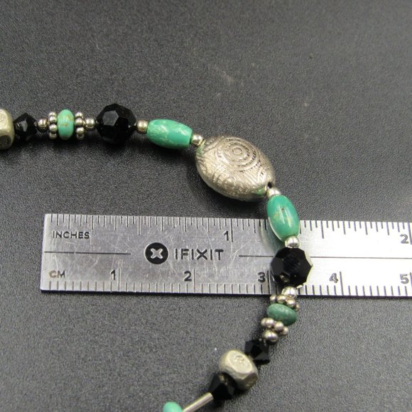 16" Sterling Silver Green & Black Stones Necklace Vintage - Picture 6 of 7